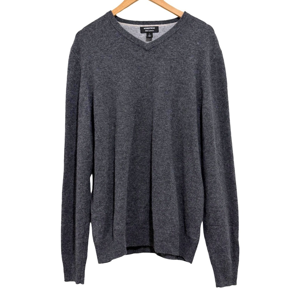Nordstrom Mens 100% Cashmere V-Neck Sweater Charcoal Grey Large Classic Soft